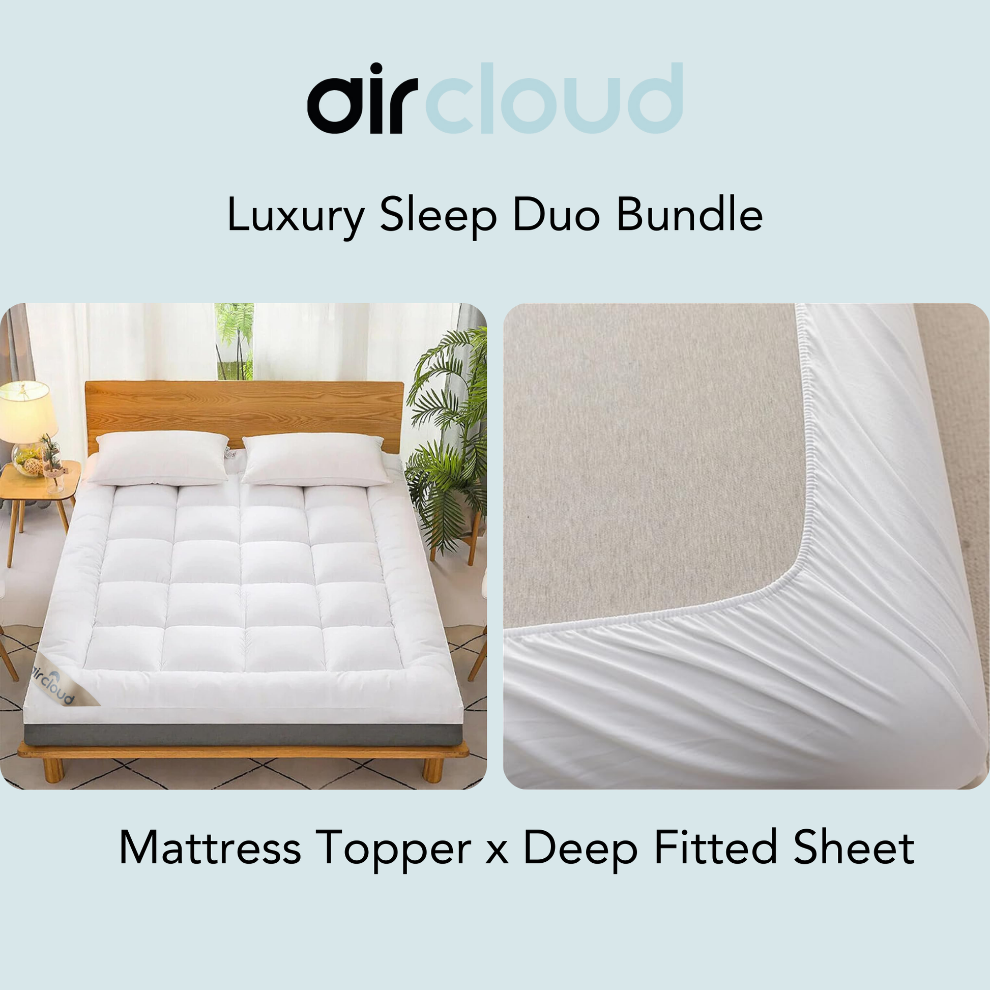 The image shows a 'Luxury Sleep Duo Bundle' which includes a white mattress topper and a white deep fitted sheet displayed on a bed.