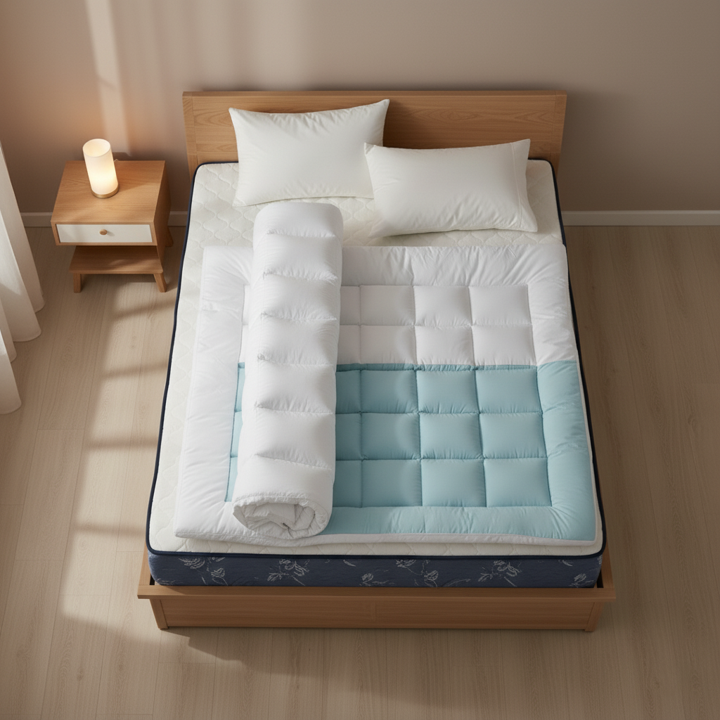 Mattress topper on a bed with wooden headboard and nightstand in a room.